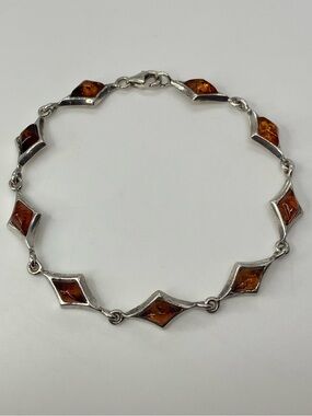 Vtg 925 Sterling Silver Baltic Amber Diamond / Star Shaped Link Bracelet | 7.5”